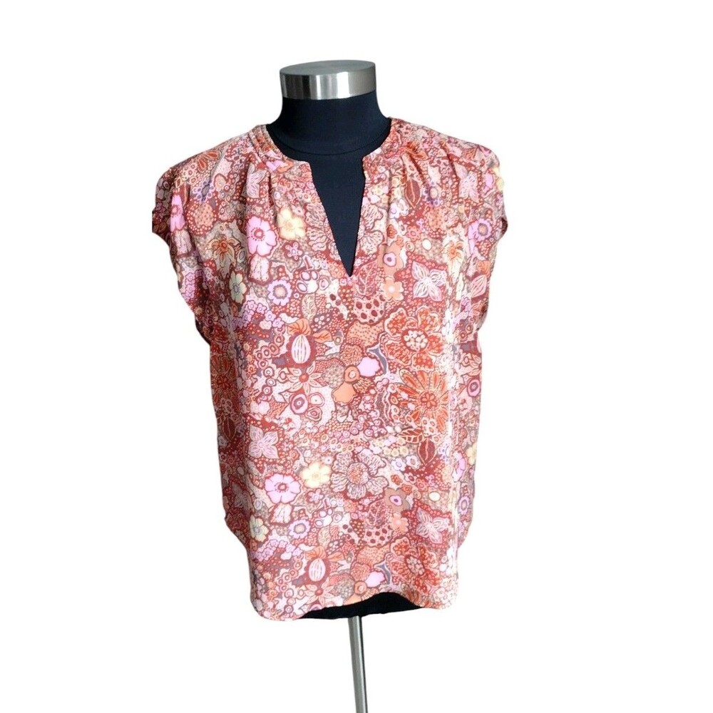 RACHEL Rachel Roy Blouse Size Large Orange Retro Floral Split Neck Boho Top